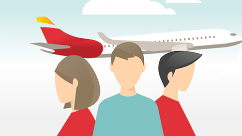 Three people with an Iberia plane in the background in caricature style