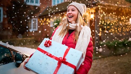 The image shows a curved road with a red car driving on it, surrounded by vegetation and earth.