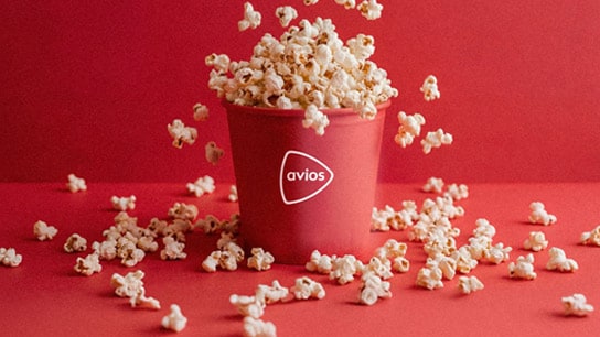 The image is of a bucket of popcorn with the Avios logo